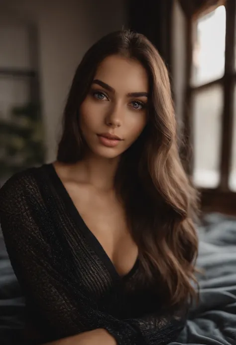 arafed woman with black clothes, sexy girl with brown eyes, portrait sophie mudd, brown hair and large eyes, selfie of a young woman, bedroom eyes, violet myers, without makeup, natural makeup, looking directly at the camera, face with artgram, subtle make...