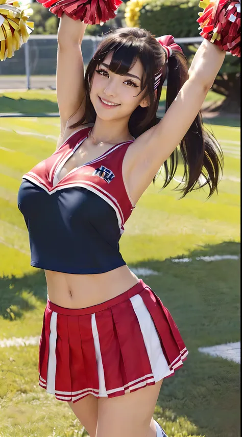 (8K, 超A high resolution, Best Quality, masutepiece:1.1),(18year old:1.1)、in 8K、RAW portrait of japanese girl、Photorealsitic、超A high resolution、top-quality、hi-school girl、(Cheerleading Club、Cheerleader Uniforms、T-back visible、quite massive chest、Pretty big ...