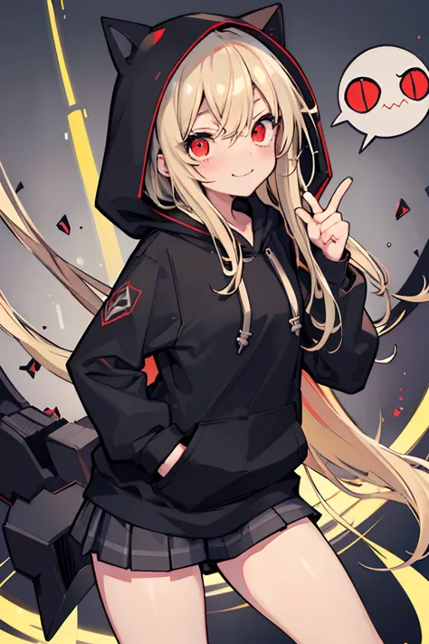 (masterpiece), best quality, expressive eyes, perfect face, schoolgirl, small shorts, sleek legs, black hoodie, hood over head, hood raised, long blonde hair, glowing eyes, red eyes, side glance, hands in pockets, looking cute, adorable, smiling, nervous, ...