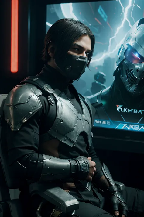 A boy playing video games with futuristic features and on the game screen a deadly kombat character