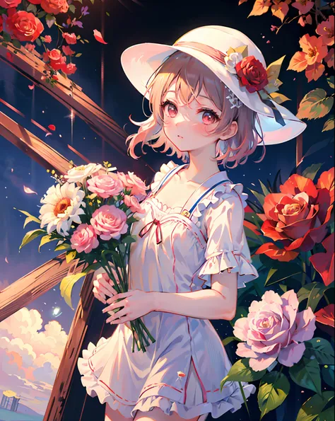 ((masterpiece, best quality)), 1girl, Watanabe You (lovelive)), hide hand, flower, solo, dress, holding, sky, cloud, hat, outdoors, bangs, bouquet, rose, expressionless, blush, pink hair, flower field, red flower, pink eyes, white dress, looking at viewer,...