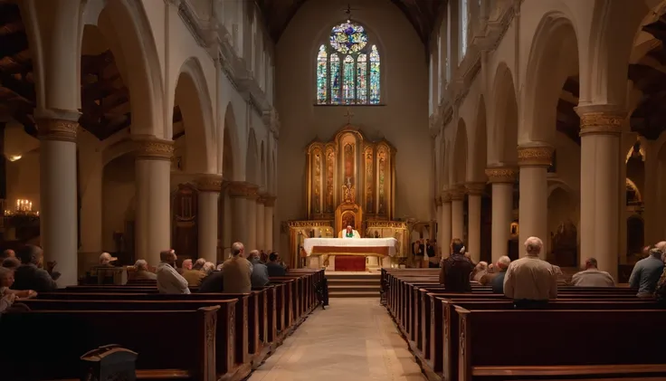 12. "Fortunato praying fervently in the Corinthian church, surrounded by other church members in a peaceful and sacred environment"