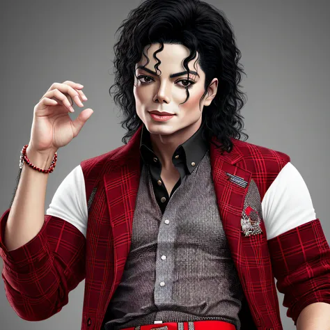 Michael Jackson, in a red and black plaid outfit and a white shirt underneath, stylized image, realistic style, UHD quality