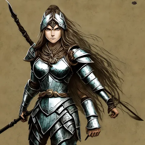 Desenho de anime. Warrior woman character with silver armor and spear. Cabelos longos marrom.