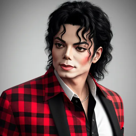 Michael Jackson, with red and black plaid outfit and white shirt underneath, model style, cinematic Sony A7rlll, stylized image, realistic style, UHD quality