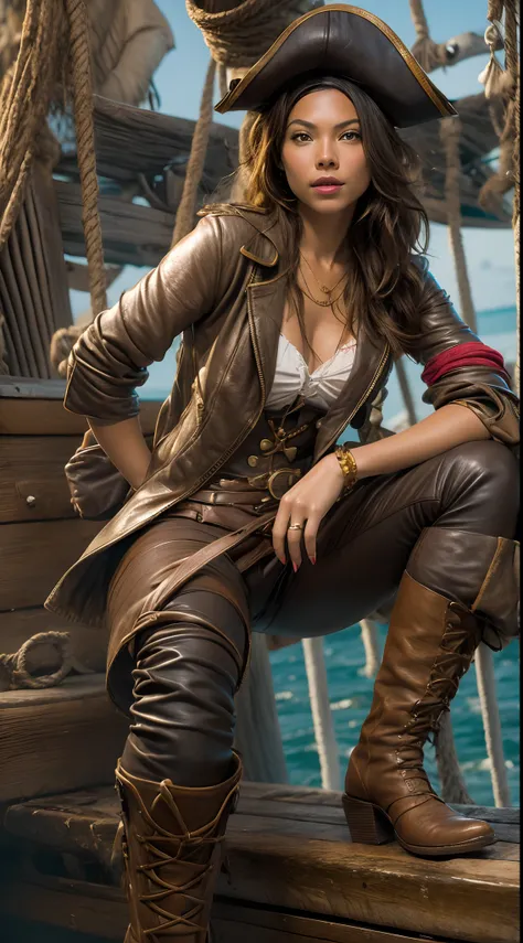 Capture the spirit of adventure as the Malay woman transforms into a pirate captain, wearing a weathered leather jacket, tricorn hat, and boots, posed on a pirate ships deck.