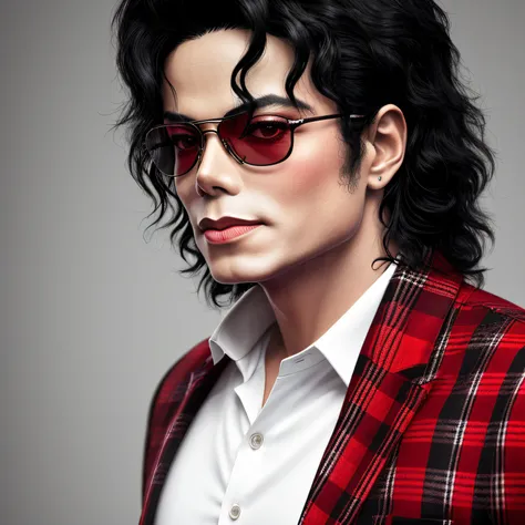 Michael Jackson, with red and black plaid outfit and white shirt underneath, model style, cinematic Sony A7rlll, stylized image, realistic style, UHD quality