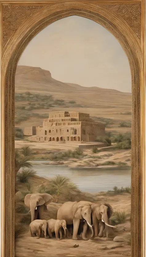 "Create an artistic representation of Noahs Ark set in an ancient Mesopotamian landscape, approximately 2000 BC. The Ark, made of weathered wood and imposingly constructed, is anchored near a winding river. The setting should reflect the architecture and t...