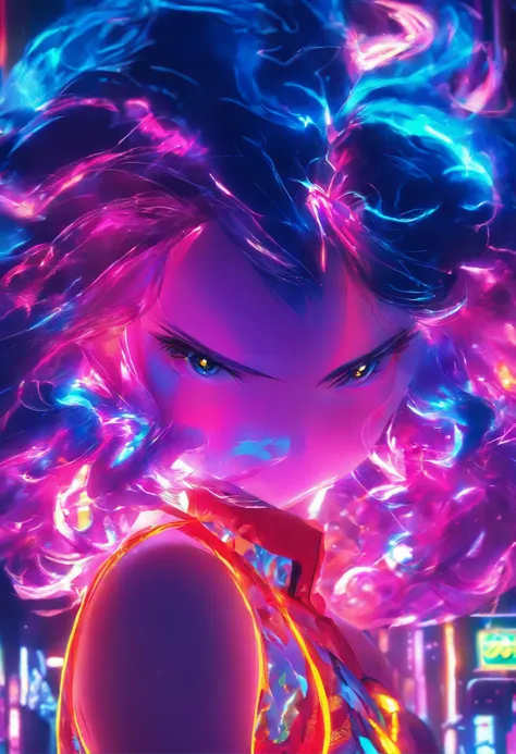 Menina de pele escura com cabelo subcortado, Ilustrado por sakimichan, hiper detalhado, neon lights, Cinematic lighting, trending on ArtStation.