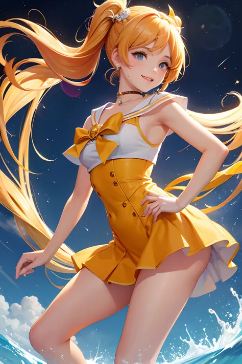 obra maestra, La mejor calidad, hi-res, Venus1, 1chica en, solo, Low angles,Uniforme Sailor Senshi, Sailorvenus, Minako Aino, cabello rubio, Magical Girl, ojos azules, Panchira, falda naranja,guantes de codo, Tiarra, falda plisada, cinta para el cabello, n...