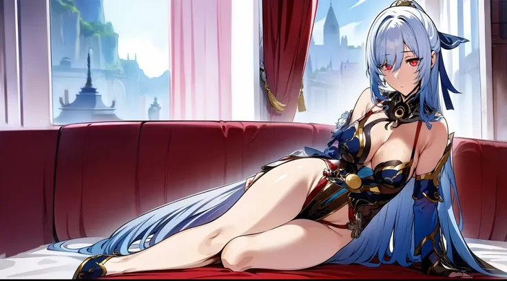 HD, beautiful lights, Beautiful Shadows, top-quality, Highly detailed, masterpiece, best quality, solo, 1girl, JingliuV5, long hair, red eyes, breasts, looking at viewer, anime-styled, expressionless, full body, sitting, on bed, hews