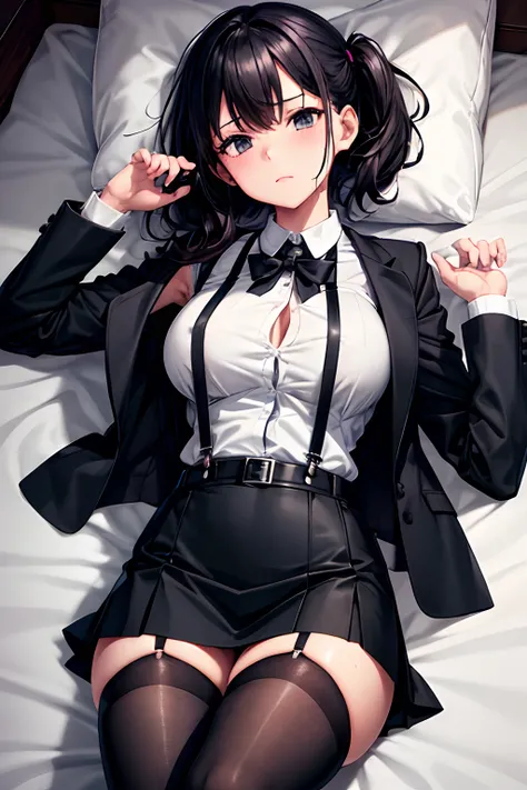 Suit,Collared shirt,Belt bag,Suspenders Black Miniskirt　garterbelts　knee high　Stockings　Black Niso　Colorcon armpit sweat　perspiring　Side of both hands,Black jacket,Gaze,ample bosom,Armpit sweat,Exposing the armpits"Tight clothes、Raise your hands、wristbands...