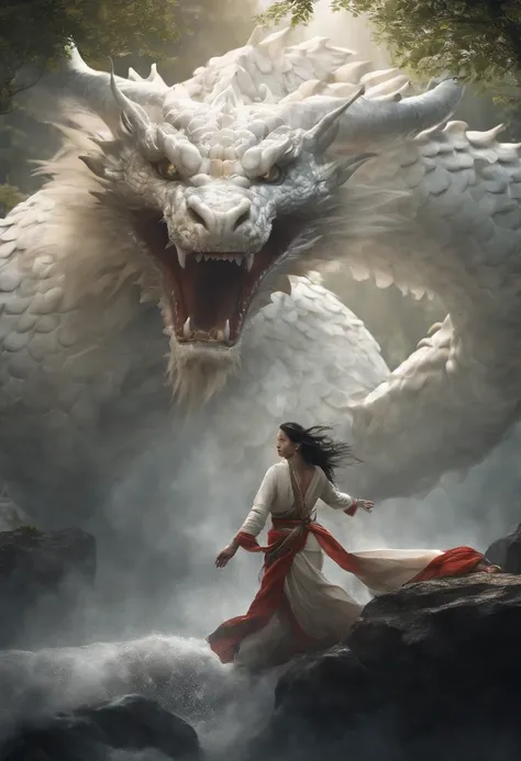 Asian-style white dragon flying around a mysterious waterfall、The white dragons body is long and undulating like a large snake, and a jewel is held in his right hand.、He roars with magnificent horns and a beard on his head.、Cat-eared girl who challenges th...