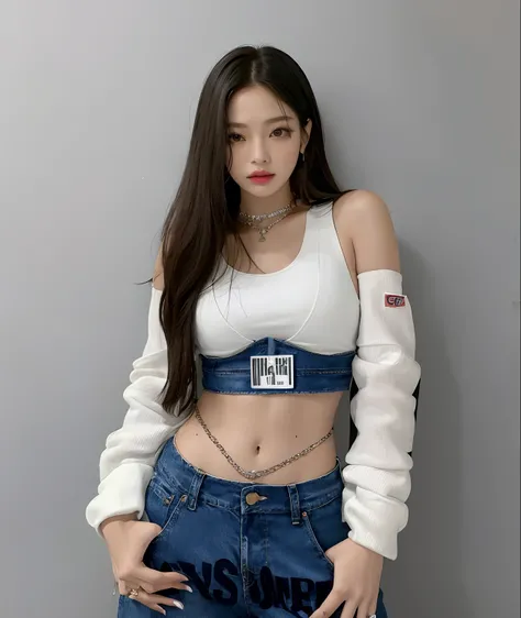 Arafed Mujer con un top blanco y jeans azules posando para una foto, Blackpink Jennie, Parque Roseanne de Blackpink, Jossi de Blackpink, Uso de crop top, tinyest midriff ever, Llevar un sexy top recortado, Jisoo de Blackpink, Ella lleva ropa de calle, phys...