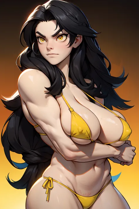 solo, 1 girl, very long hair, black hair, angry, yellow eyes pale skin bodybuilder huge tits (string bikini)