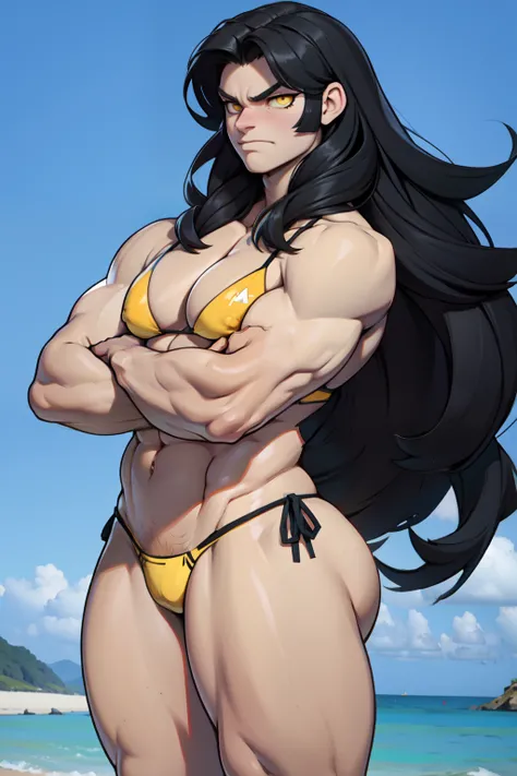 solo, 1 girl, very long hair, black hair, angry, yellow eyes pale skin bodybuilder huge tits (string bikini)