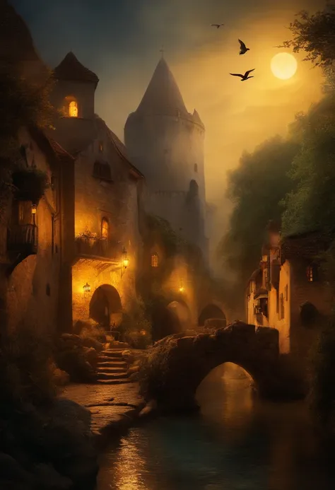 Middle Ages Style Village Worn Stone Streets With People Bars On The Edge Of A Ravine With Transparent Water Waterfall And Castle And Birds And Dragons Spitting Mysterious Catholic Fire In Yellow Moonlight And Soft Fog