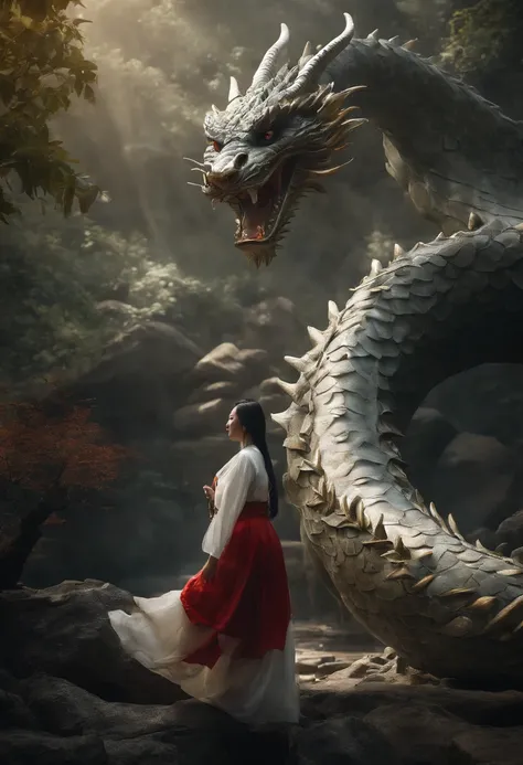 Asian-style white dragon flying around a mysterious waterfall、The white dragons body is long and undulating like a large snake, and a jewel is held in his right hand.、He roars with magnificent horns and a beard on his head.、Cat-eared girl who challenges th...