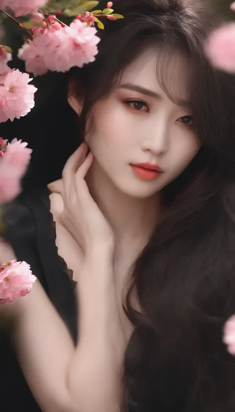 Danfeng Eyes，bushido，The upper part of the body，Black coiled hair，Simple hairpins，Cold eyes，solo person，orthofacial，frontage，Peach blossom background，Highly saturated colors，Hyper Real，8K high-definition，holding a longsword，Absolutely beautiful，high light，...