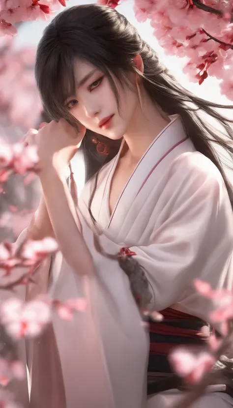 Danfeng Eyes，bushido，The upper part of the body，Black coiled hair，Simple hairpins，Cold eyes，solo person，orthofacial，frontage，Peach blossom background，Highly saturated colors，Hyper Real，8K high-definition，holding a longsword，Absolutely beautiful，high light，...