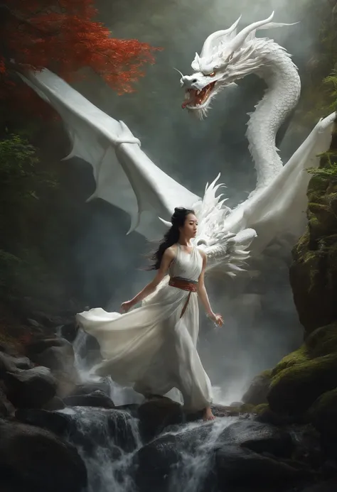 Asian-style white dragon flying around a mysterious waterfall、The white dragons body is long and undulating like a large snake, and a jewel is held in his right hand.、He roars with magnificent horns and a beard on his head.、Cat-eared girl who challenges th...