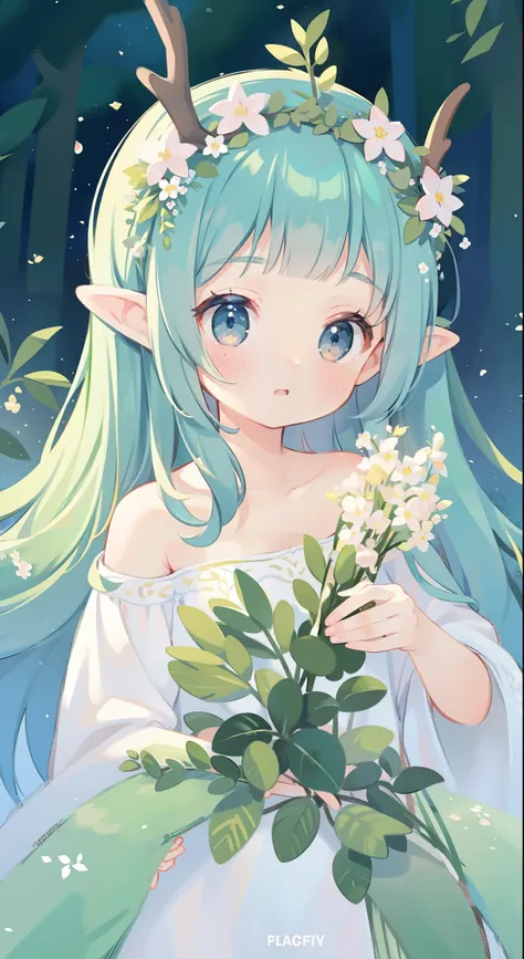 high high quality，masterpiece，Delicate facial features，Delicate hair，Delicate eyes，Delicate hair，animemanga girl，deer antlers，Black color hair，florals, Dreamy style, Fantastic flower garden，fantasy style clothing,Romantic dress,  beautiful and elegant elf ...