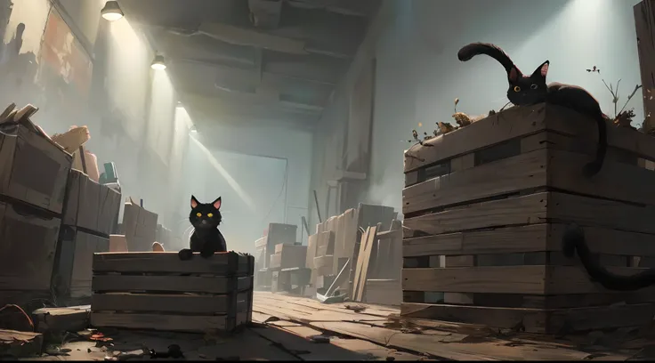 (a guy with) (black hair), (wearing grunge clothes), (with black cat ears) (and a black cat tail), is (sitting) on a (very large wooden crate), (watching) a (stray black cat) (stretching) to reach (eating) its (food). There is a (small wooden crate) below ...