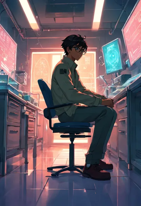 raw, wide angle, A man in a dark laboratory sitting on a chair of the future wears glasses., Reddish black skin, laboratory, hardware, Bright environment, Neon, ((cyberpunked))