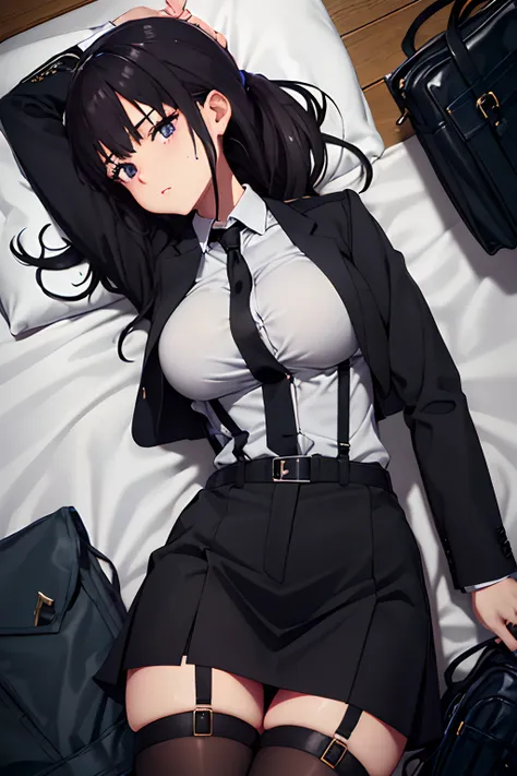 suit,collared shirt,belt bag,suspenders black miniskirt　garterbelts　knee high　stockings　black niso　colorcon armpit sweat　perspir...