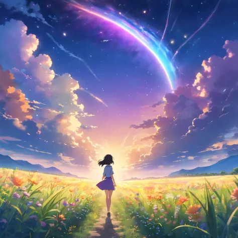 By Shinkai Makoto, Vast landscape photos , (a view from below that shows sky above and open field below), a girl standing on flower field looking up, (fullmoon:1.2), ( shooting stars:0.9), (nebulas:1.3), distant mountain, Tree Break Production Art, (Warm l...