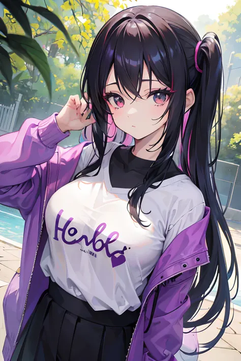 Una chica, anime, cabello negro, pasador morado, adolecente, feliz, camisa negra con tirantes