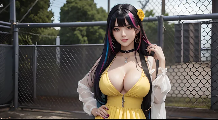 very lovely and pretty female anime artist standing in front of a chain-link fence, 1girl, breasts, solo, large breasts, cleavage, multicolored hair, hair ornament, black nails, looking at viewer, smile, black hair, yellow eyes, bangs, choker, jewelry, han...