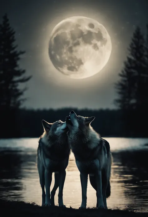 Two wolves each on one side looking at each other in the background Its night with a cloudy sky with a beautiful and big moon illuminating them