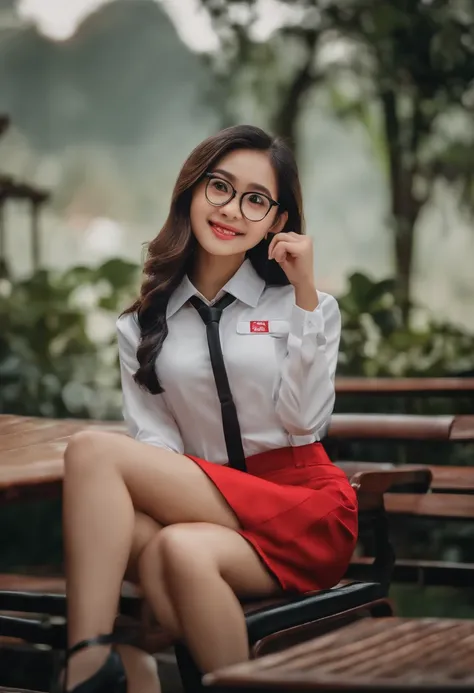 profissional, (Foto 4k:1.1), High detail, Wear uniform clothes, cute girl, Indonesian, smile, glasses, sit on chair, peace pose