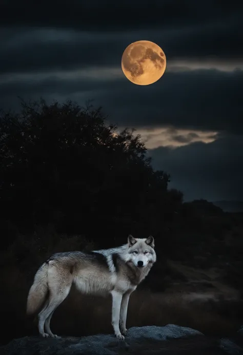 Two wolves each on one side looking at each other in the background Its night with a cloudy sky with a beautiful and big moon illuminating them.((com o nome Between Two Worlds: Blood Pact)), escrito abaixo da foto com uma fonte((cursivas elegantes e escura...