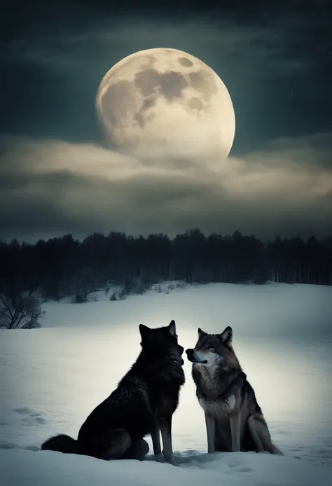 Two wolves each on one side looking at each other in the background Its night with a cloudy sky with a beautiful and big moon illuminating them.((com o nome Between Two Worlds: Blood Pact)), escrito abaixo da foto com uma fonte((cursivas elegantes e escura...