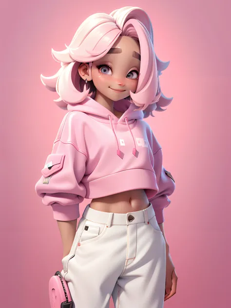 uma menina, corpo inteiro, cabelo longo, curto, liso, sorriso branco, com fones de ouvido rosa , sweatshirt and pants, tridimensional, Miscellaneous color matching, using resolution