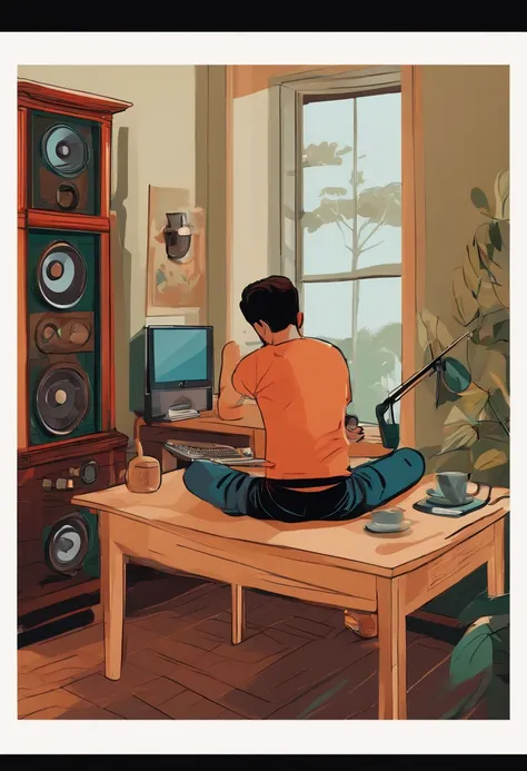 there a JBL speaker on the table ,Boy set on table and using laptop