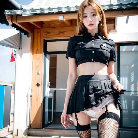 there is a woman in a uniform posing for a picture, Korean Girl, (a blond),(blue eyess)，Very beautiful face，in black uniform, girl wearing school uniform, captured on canon eos r 6, thighhighs and skirt, Surreal female policeman, Sexy look, taken with cano...