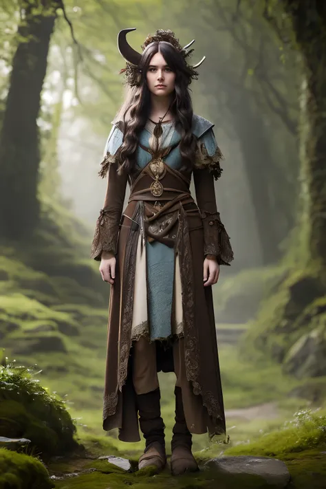 A 19-year-old Tiff Lindruid girl standing in the background of nature，The art style is Dungeons & Dragons RPG style。She has long brown hair with slightly curly hair，Light blue pupils and fair skin lacking blood gas。He was dressed in druid-style hides and p...