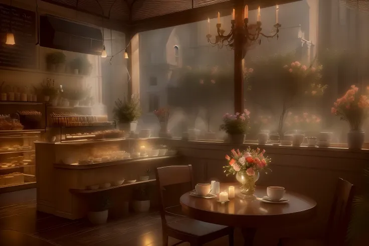 there is a table with candles and a vase of flowers on it, cozy cafe background, atmospheric render, realistic afternoon lighting, photorealistic cinematic render, cinematic morning light, dreamy atmosphere and drama, fantasy bakery interior setting, pleas...