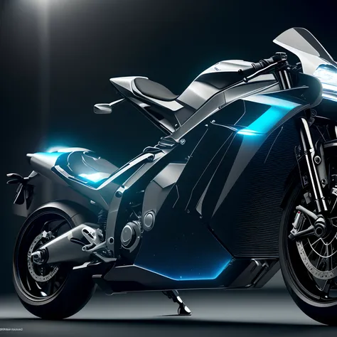 finest image, (8k, RAW photo, realistic), a streamlined motorcycle of the future, crafted with chrome-plated mirror-finish iridescent metal parts and faceted cut and round brilliant cut iridescent jewelry parts, blurry background black iridescent light par...