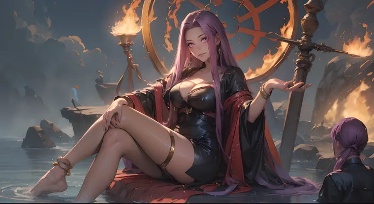 MedGorg, (long hair, purple hair:1.6), purple eyes, breasts, epic art, fantasy, fire, jewelry, 1girl, breasts, black_hair, long_hair, sitting, barefoot, cleavage, mole, hair_ornament, anklet, large_breasts, bracelet, very_long_hair, smile, water, bare_shou...