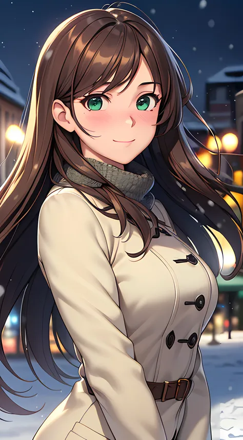 ((masterpiece, best quality, highres, UHD, perfect pixel, depth of field, 4k, RTX, HDR)), 1girl, single, solo, 24 years old, beautiful anime girl, beautiful artstyle, anime character, ((long hair, parted bangs, brown hair)), (green eyes:1.4, rounded eyes, ...