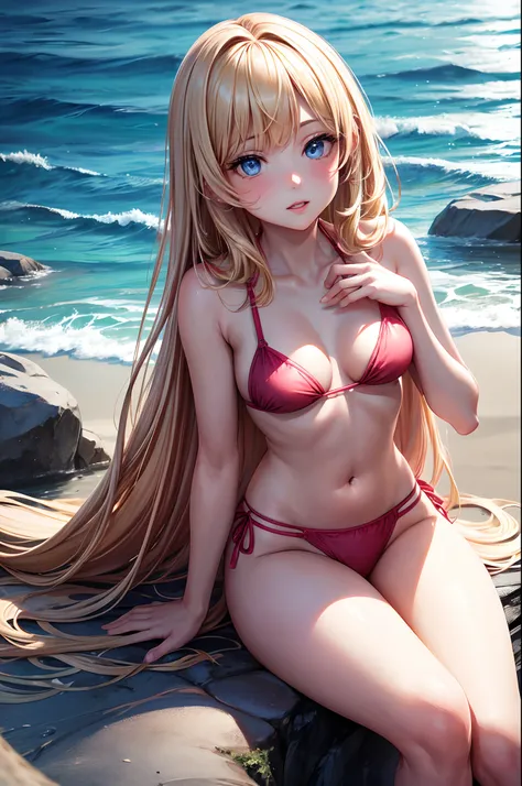 1girl, solo, elegant hair (full body: 1.1), (looking at the viewer: 1.1), tight small strawberry bikini, sitting on the sand at the beach, filmg , sweet_lolita, Best quality, masterpiece, blond hair, blue eyes. Open your mouth,,Exquisite mouth,Very detaile...