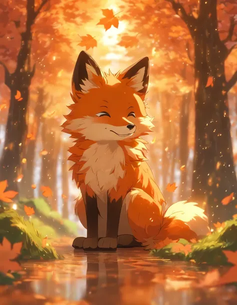 (best quality,4k,8k,highres,masterpiece:1.2),ultra-detailed, lots of mapple leaf falling,colorful autumn scene,lonely fox,cute fox,autumn forest,fox wearing cloak made of maple leaves,hiding fox,root of a tree,rainy day,serene atmosphere,maple trees,fall f...