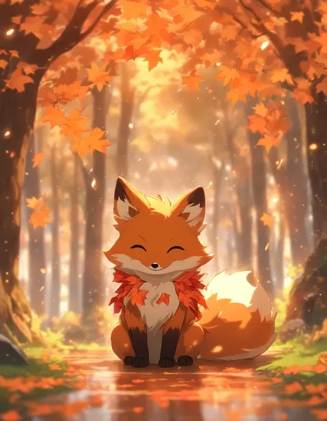 (best quality,4k,8k,highres,masterpiece:1.2),ultra-detailed, lots of mapple leaf falling,colorful autumn scene,lonely fox,cute fox,autumn forest,fox wearing cloak made of maple leaves,hiding fox,root of a tree,rainy day,serene atmosphere,maple trees,fall f...