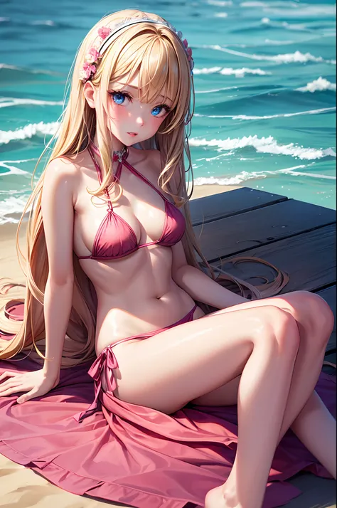 1girl, solo, elegant hair (full body: 1.1), (looking at the viewer: 1.1), tight small strawberry bikini, sitting on the sand at the beach, filmg , sweet_lolita, Best quality, masterpiece, blond hair, blue eyes. Open your mouth,,Exquisite mouth,Very detaile...