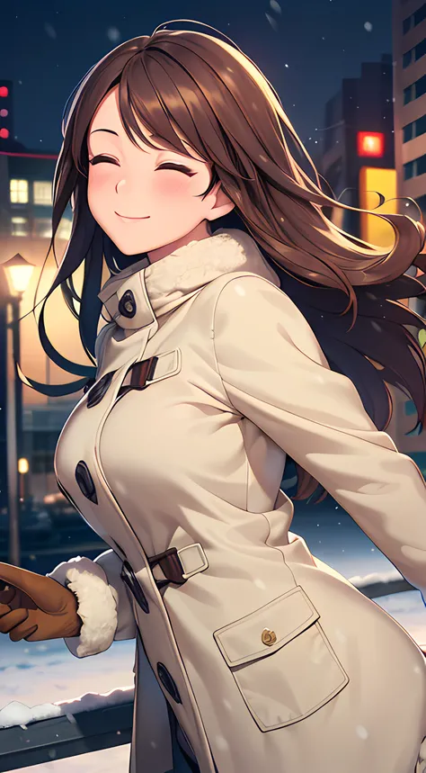 ((masterpiece, best quality, highres, UHD, perfect pixel, depth of field, 4k, RTX, HDR)), 1girl, single, solo, 24 years old, beautiful anime girl, beautiful art style, anime character, sly smile, beautiful smile, ((long hair, parted bangs, brown hair)), (c...