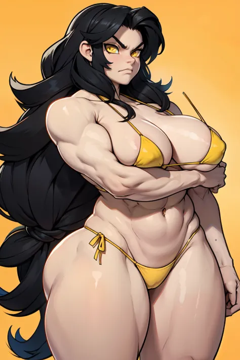 solo, 1 girl, very long hair, black hair, angry, yellow eyes pale skin bodybuilder huge tits (string bikini) wide hips thick thighs curvy